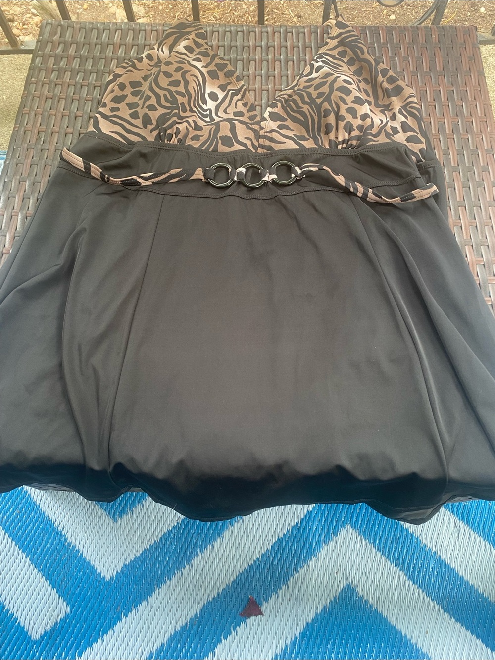 Jaclyn Smith Black Swim Skater with Leopard Accent and Ring Detail